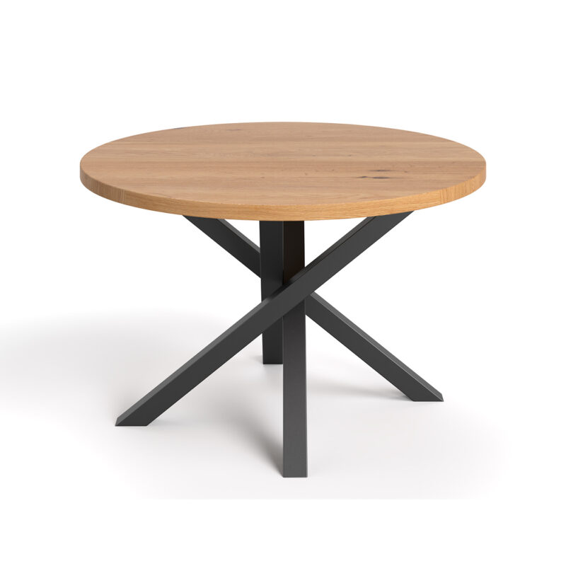 Okrągły stół Aster z litego drewna dębowego i metalu.