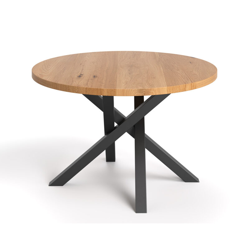 Okrągły stół Aster z litego drewna dębowego i metalu.