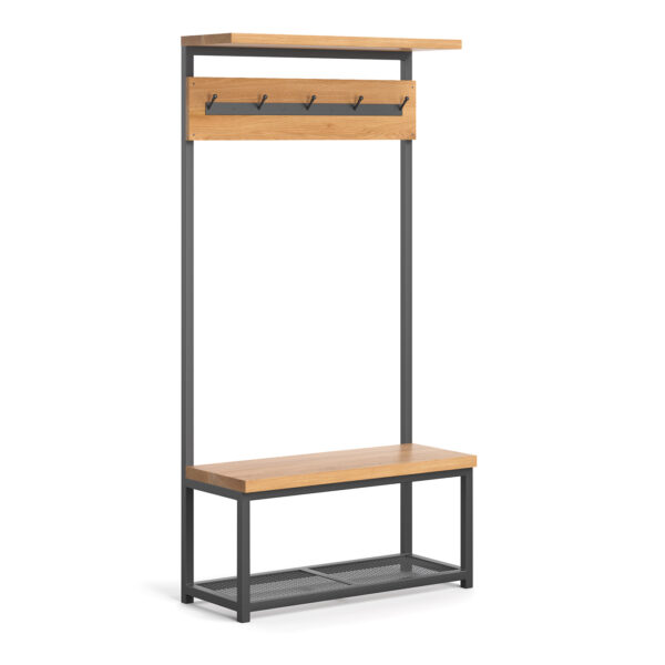 Wieszak loftowy Frame wykonany z litego drewna dębowego i metalu.