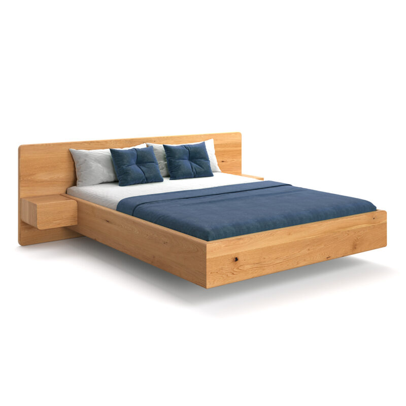Łóżko lewitujące Wide z szafkami wykonane z litego drewna dębowego.