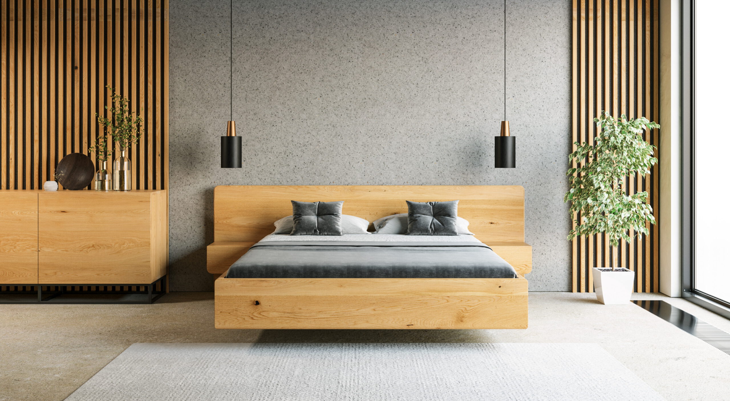 Łóżko lewitujące Wide z szafkami wykonane z litego drewna dębowego.