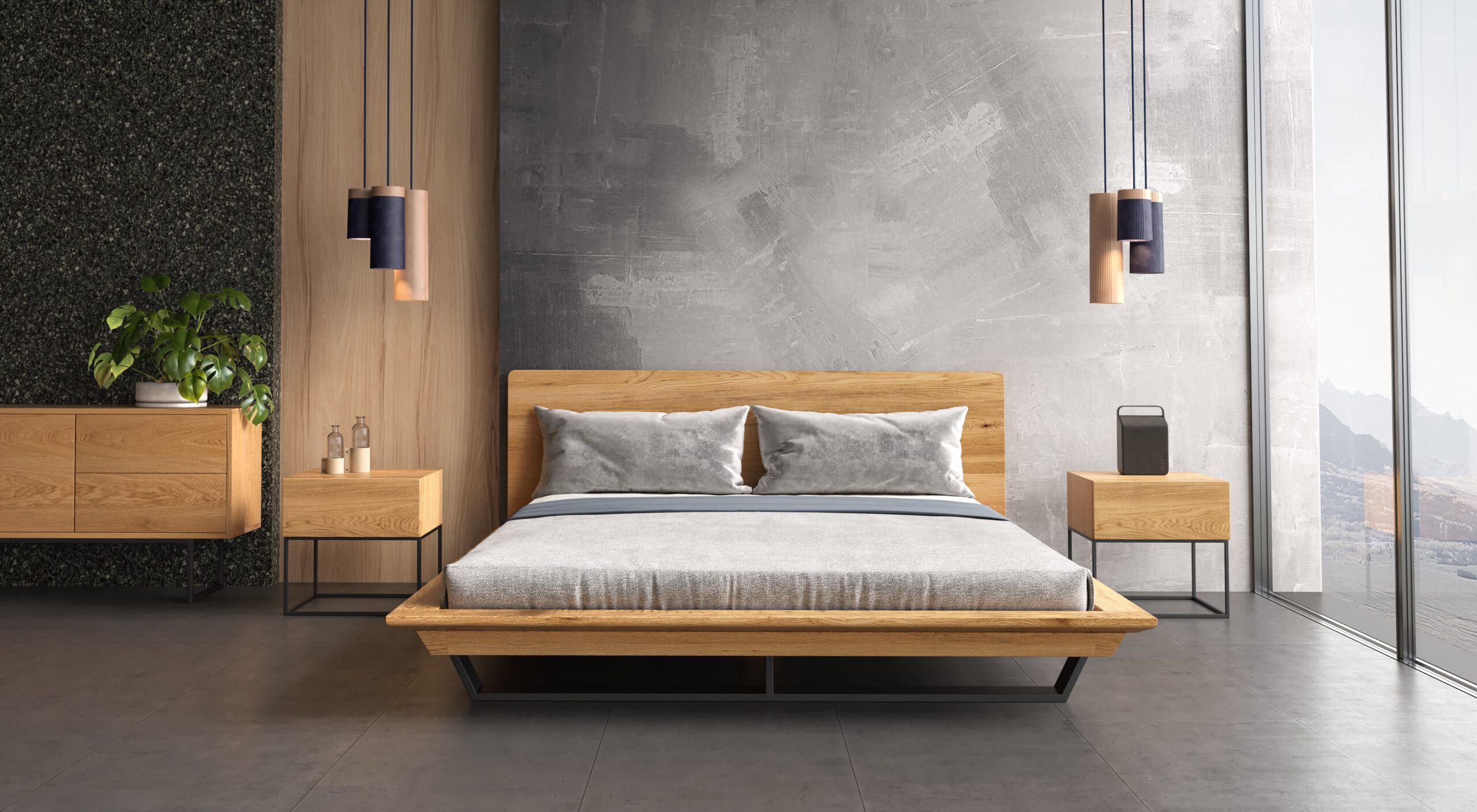 Łóżko Nova Slim wykonane z litego drewna i metalu.