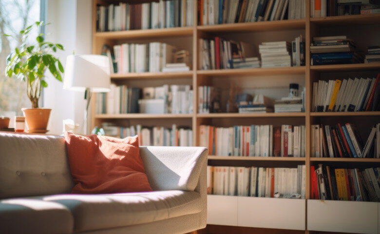 Domowa biblioteczka - aranżacja salonu z wydzieloną częścią na domową biblioteczkę